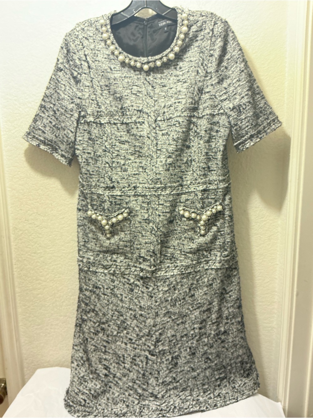 Teri Jon Gray Tweed Mini Dress with Pearl Trim - Picture 2 of 6